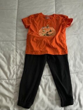 Cat & Jack Orange Pumpkin Sequin Tee with Black Jogger Pants